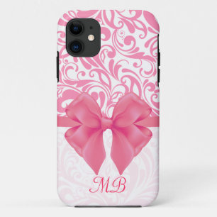 Monogrammed Pink Damask and Pink Ribbon iPhone 11 Case