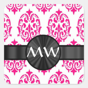 Monogrammed pink damask pattern square sticker
