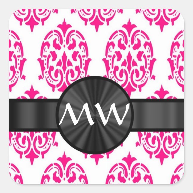 Monogrammed pink damask pattern square sticker (Front)
