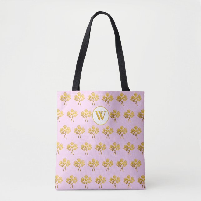 Monogrammed Pink Faux Gold Roses Floral Tote Bag (Front)