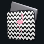 Monogrammed Pink Flamingo   Black Chevron Laptop Sleeve<br><div class="desc">A gift featuring an illustration of a pink flamingo.  Personalise with your monogram inside circle on flamingo's body.  Background is black and white chevron.</div>