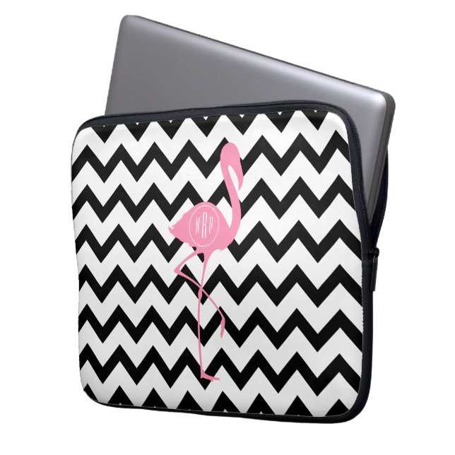 Monogrammed Pink Flamingo + Black Chevron Laptop Sleeve (Front Left)