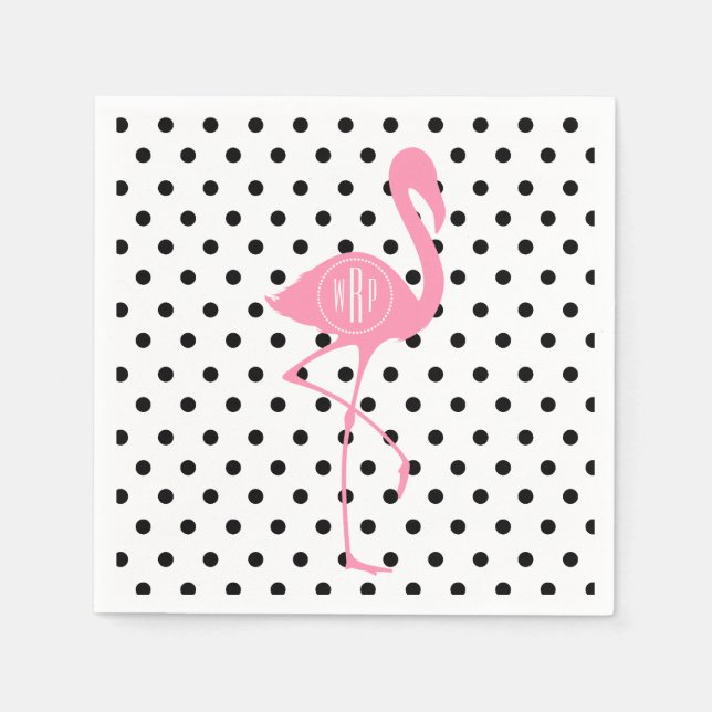 Monogrammed Pink Flamingo + Black Polka Dot Napkin (Front)