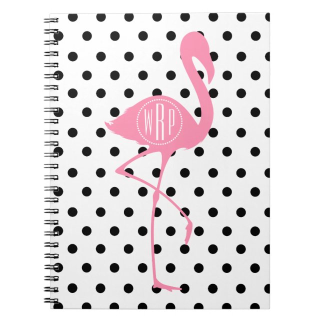 Monogrammed Pink Flamingo + Black Polka Dot Notebook (Front)