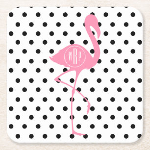 Monogrammed Pink Flamingo + Black Polka Dot Square Paper Coaster