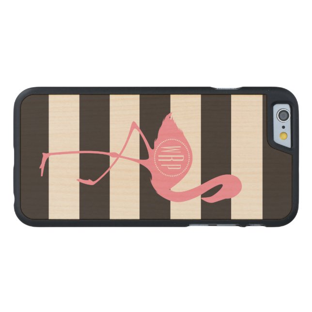 Monogrammed Pink Flamingo + Black + White Stripes Carved Wood iPhone Case (Back Horizontal)