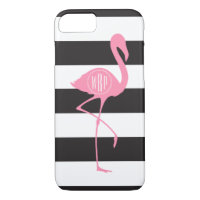 Monogrammed Pink Flamingo + Black + White Stripes