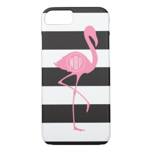 Monogrammed Pink Flamingo + Black + White Stripes iPhone 8/7 Case