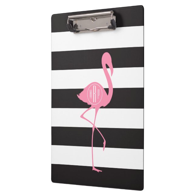 Monogrammed Pink Flamingo + Black + White Stripes Clipboard (Left)