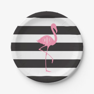 Monogrammed Pink Flamingo + Black + White Stripes Paper Plate