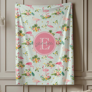 Monogrammed Pink Flamingos Tropical Plants Pattern Fleece Blanket