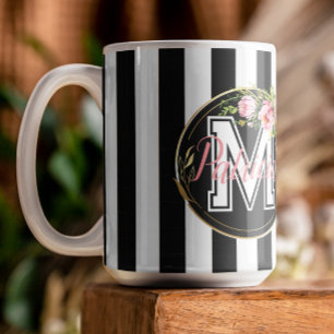 Monogrammed Pink Floral Black & White Striped Coffee Mug