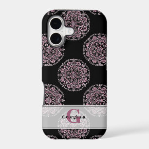 Monogrammed Pink Floral Fronds Polka Dot Mandala