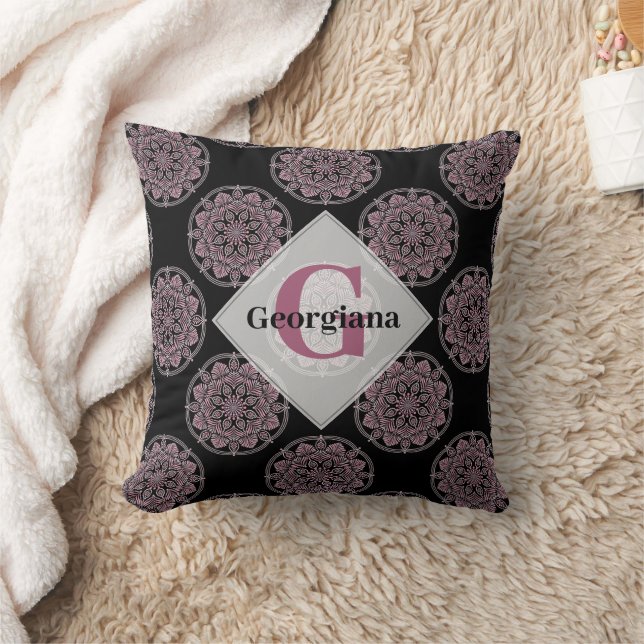 Monogrammed Pink Floral Fronds Polka Dot Mandala Cushion (Blanket)