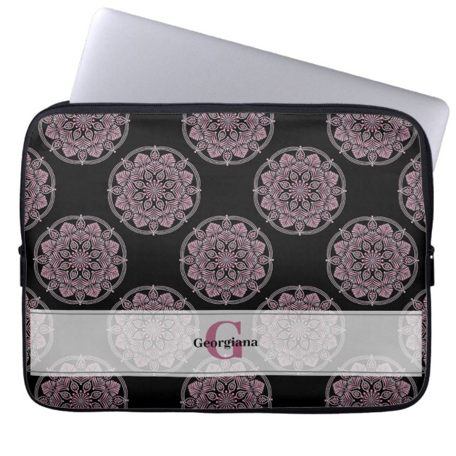 Monogrammed Pink Floral Fronds Polka Dot Mandala Laptop Sleeve (Front)