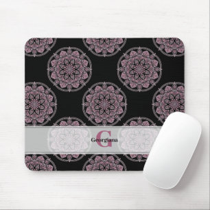 Monogrammed Pink Floral Fronds Polka Dot Mandala Mouse Pad