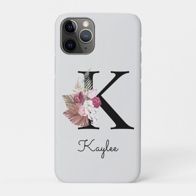 Monogrammed Pink Floral Initial K Case-Mate iPhone Case (Back)