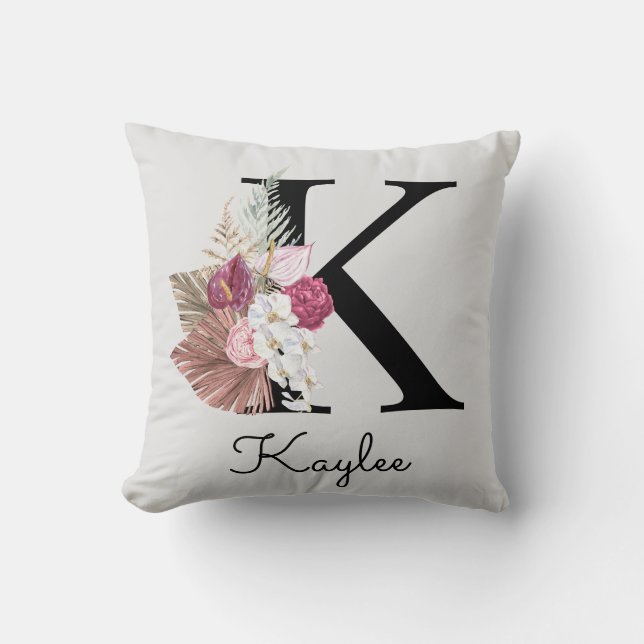 Monogrammed Pink Floral Initial K Cushion (Front)
