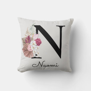 Monogrammed Pink Floral Initial N Cushion