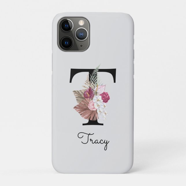Monogrammed Pink Floral Initial T Case-Mate iPhone Case (Back)