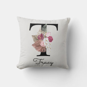 Monogrammed Pink Floral Initial T Cushion