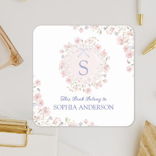 Monogrammed Pink Flower and Lace Floral Bookplate  Square Sticker