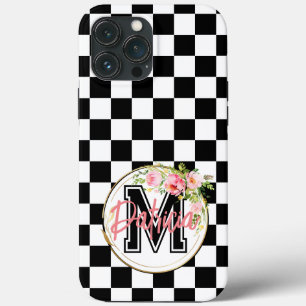 Monogrammed pink Flower black and white Chequered iPhone 13 Pro Max Case
