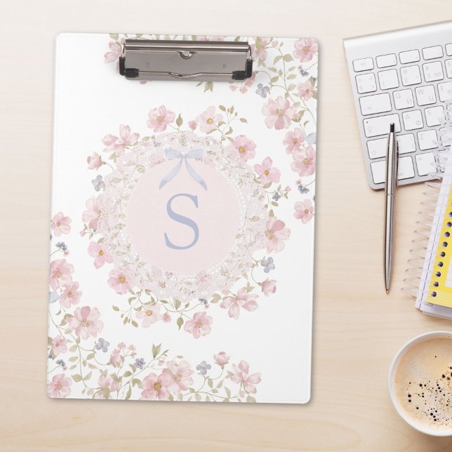 Monogrammed Pink Flowers and Lace Floral Clipboard (In situ)