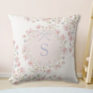 Monogrammed Pink Flowers and Lace Floral Cushion