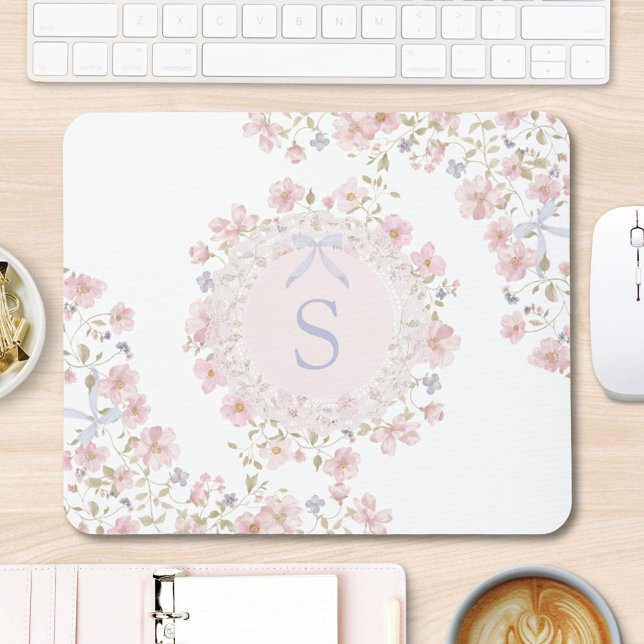 Monogrammed Pink Flowers and Lace Floral Mouse Pad (In situ)