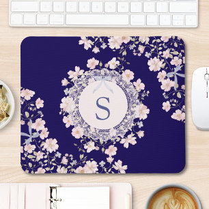 Monogrammed Pink Flowers and Lace Floral Mouse Pad