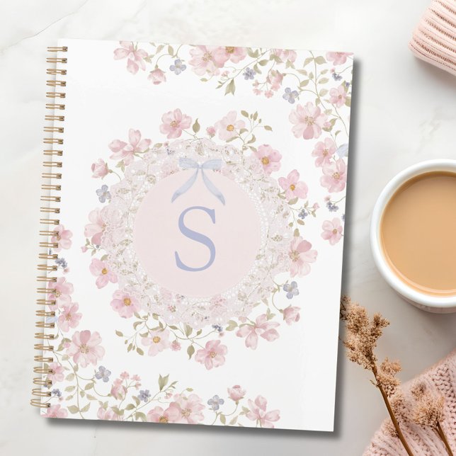 Monogrammed Pink Flowers and Lace Floral Planner (In situ)