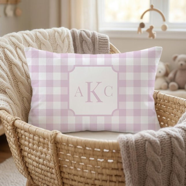 Monogrammed Pink Gingham Check  Cushion (Pink Gingham Check Monogram Pillow)