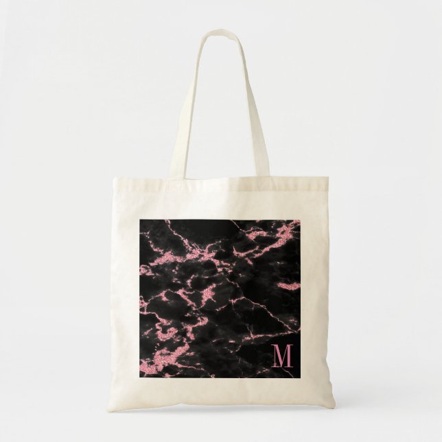 Monogrammed Pink Glitter Black Background Tote Bag (Front)