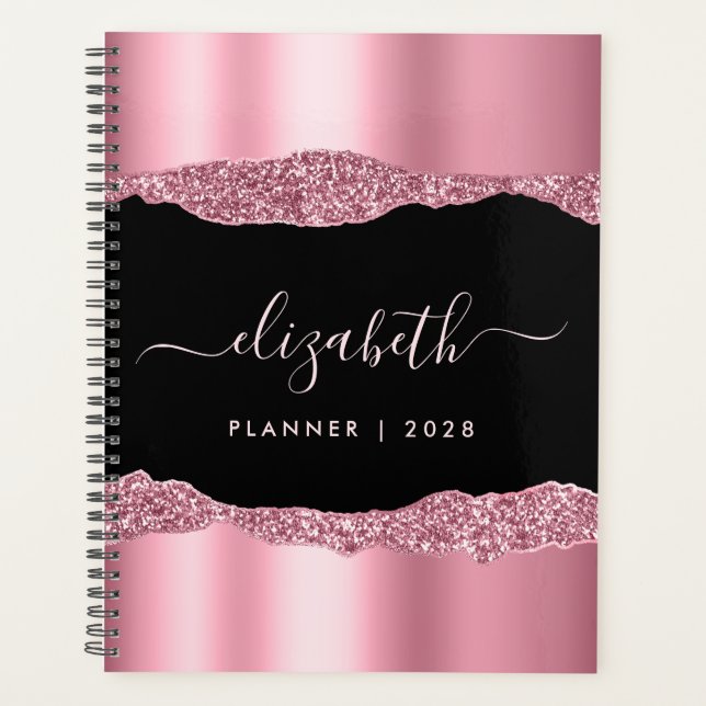 Monogrammed Pink Glitter Foil Black Planner (Front)