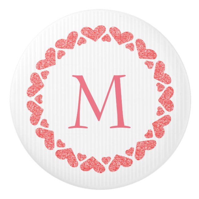 Monogrammed Pink Glitter Hearts Ceramic Knob (Front)