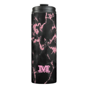 Monogrammed Pink Glitter On Black Background Thermal Tumbler