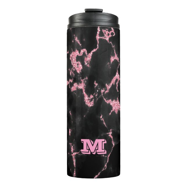 Monogrammed Pink Glitter On Black Background Thermal Tumbler (Front)