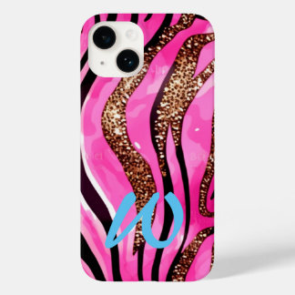 Monogrammed Pink Gold Agate Animal Glitter Case-Mate iPhone 14 Case