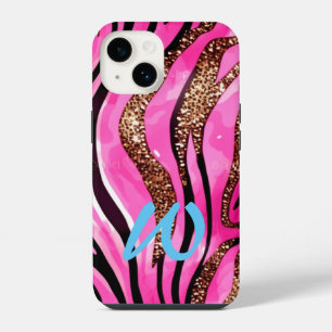 Monogrammed Pink Gold Agate Animal Glitter iPhone 14 Case