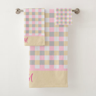 Monogrammed Pink Gray And Yellow Plaid  Bath Towel Set