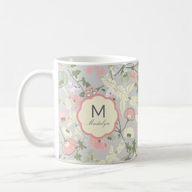 Monogrammed Pink Green Floral Flowers Monogram Coffee Mug (Left)