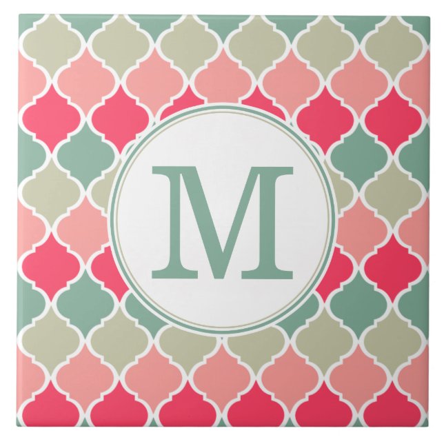 Monogrammed Pink Green Moroccan Lattice Pattern Ceramic Tile (Front)