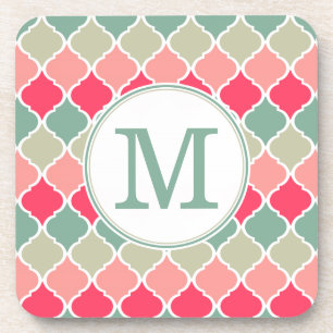 Monogrammed Pink Green Moroccan Lattice Pattern Coaster