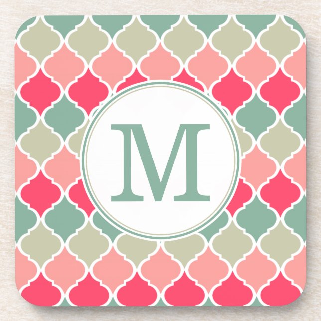 Monogrammed Pink Green Moroccan Lattice Pattern Coaster (Front)