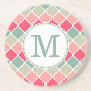 Monogrammed Pink Green Moroccan Lattice Pattern Coaster