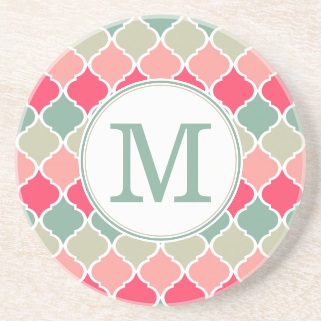 Monogrammed Pink Green Moroccan Lattice Pattern Coaster (Front)