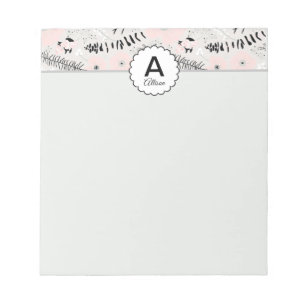 Monogrammed Pink Grey Black Patterned Flowers Notepad