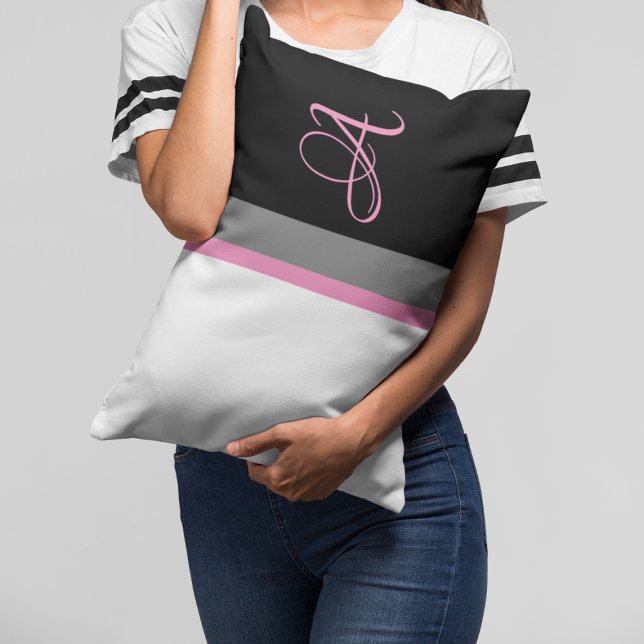 Monogrammed Pink Grey Black Striped Lumbar Cushion (Creator Uploaded)