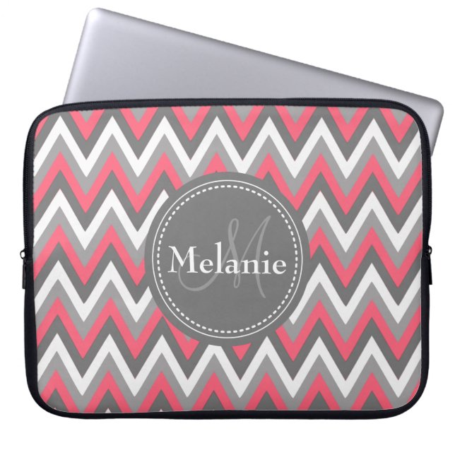 Monogrammed Pink & Grey Chevron Pattern Laptop Sleeve (Front)